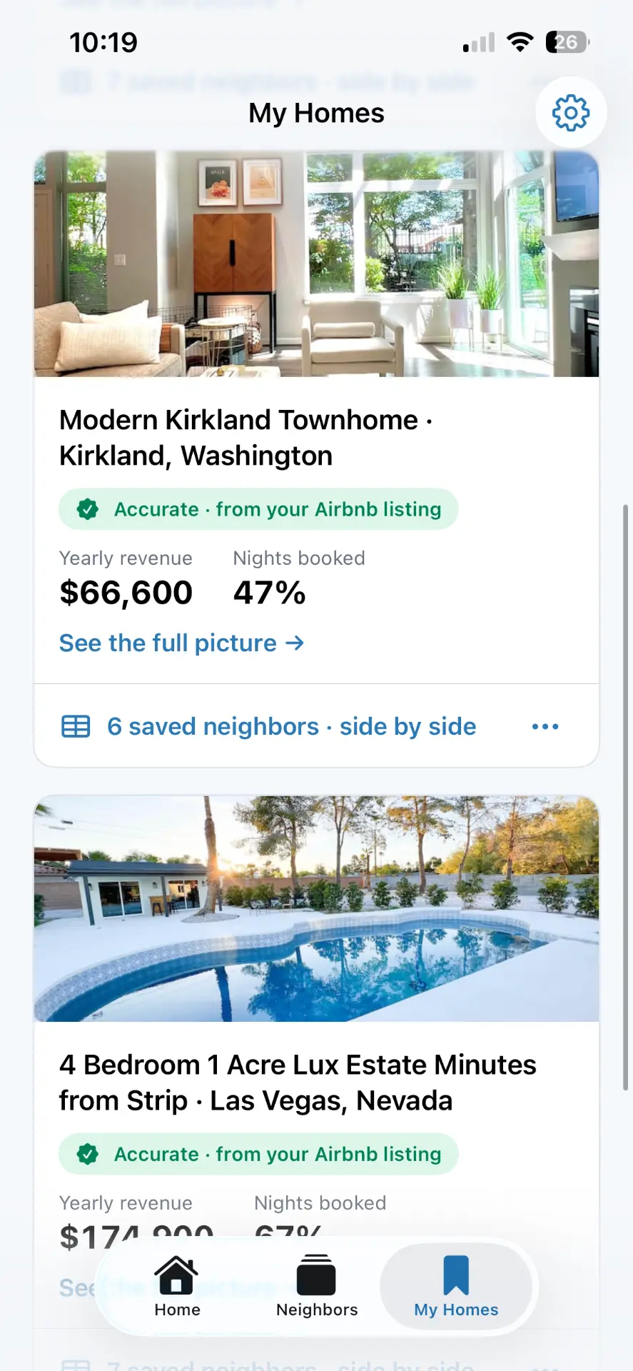 Saved homes with yearly revenue and nights booked